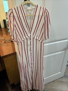 Chelsea & Violet White Maxi Dress with Red Stripes and Button Front
